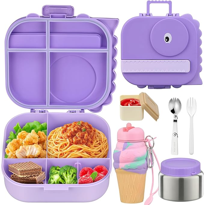 Dinosaur Lunch Box for Kids with Secret Compartment | 4 Compartments Bento Box + 12oz Insulated Food Jar | Leak-Proof Sauce Cup & Collapsible Spoon | BPA-Free, Dishwasher Safe(Green+Green Jar)
