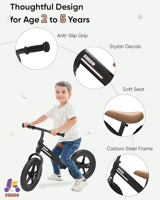 KRIDDO Toddler Balance Bike 2 Year Old, Kids Balance Bike for 2-5 Years Old, Dual Bearing for Smoother Riding, Adorable Plate, Adjustable Seat and Handlebar, Toddler Bike Gifts Age 2-3, Black