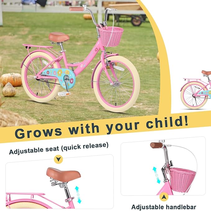 Glerc Maggie Girls Bike, 12-20 Inch Kids Bike for 2-13 Years Old Children, Princess Style Kids Bicycle with Doll-Seat & Basket & Training Wheels, Multiple Colors