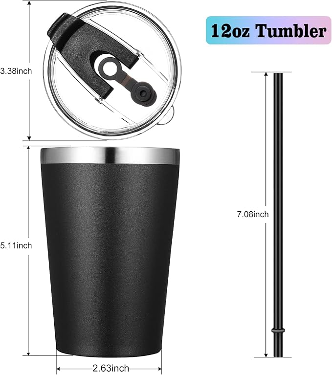 VEGOND 12oz Tumbler Stainless Steel Tumbler bulk Vacuum Insulated Double Wall Travel Tumbler with Lid and Straw Reusable Tumbler, Black 12 Pack