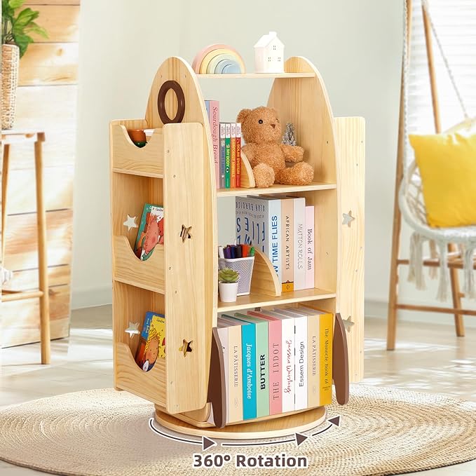 OOOK Rocket Rotating Bookshelf for Kids, 360 Display Spinning Bookshelf Tower with Large Capacity Design, Montessori Toy Shelf for Kids Rooms, Classroom, Play Room