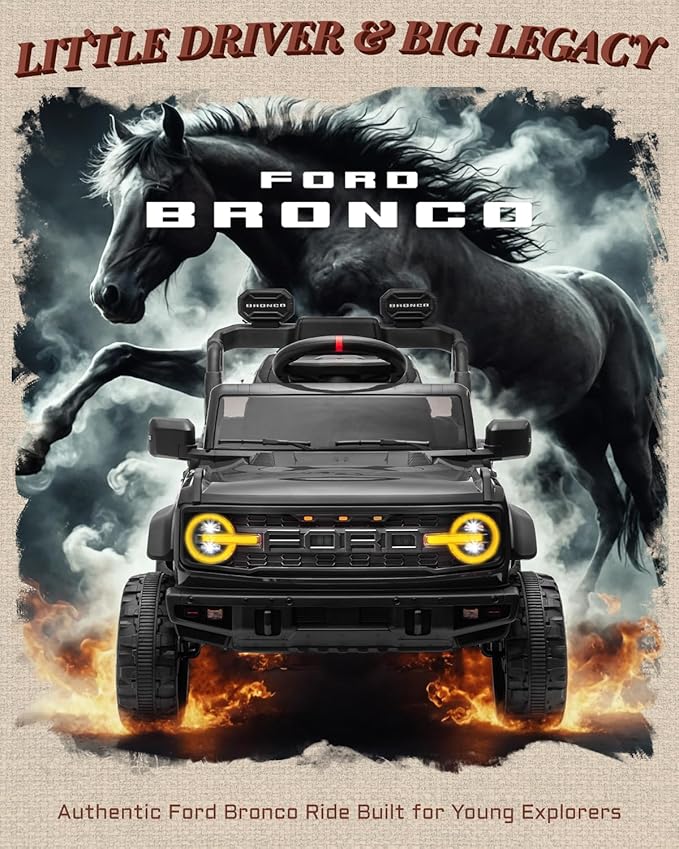 12V Ride on Toys for Kids, Licensed Ford Bronco Raptor Children Electric Vehicles, Toddler Battery Powered Car with Double Doors, 3 Point Safety Belt, Led Lights (12V, Black)