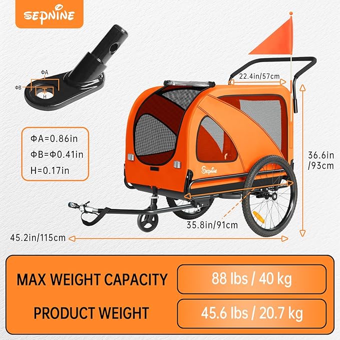 Sepnine Dog Bike Trailer, Supports up to 88 lbs, 2-in-1 Pet Stroller Cart Bicycle Carrier, Easy Folding Cart Frame with Quick Release Wheels, Universal Bicycle Coupler, Non-Slip Floor, Internal Leash