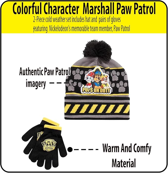 Nicklelodeon Paw Patrol Boy's Winter Hat and 2 Pair of Gloves or Mittens Set (Age 2-7) Size Age 4-7, Paw Patrol Black Glove with Handwarmers