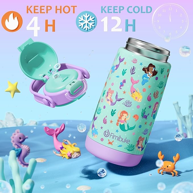 Fimibuke Kids Insulated Water Bottle with Straw Lid & Handle - 14oz BPA-FREE 18/8 Stainless Steel Metal Tumbler Leak Proof Double Wall Vacuum Kids Cup Toddler Water Bottle for School Boys Girls