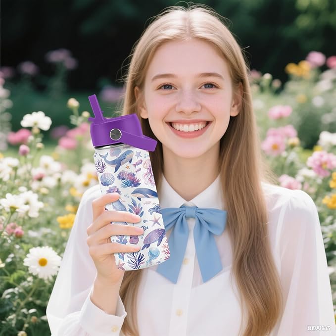 Ocean Gifts for Kids - 16 Oz Purple Water Bottle with Straw Lid, Stainless Steel Insulated Tumbler, Leak Proof, BPA-Free, for Girls & Boys, School, Beach - Marine Life Lovers Birthday Gifts (1pc)