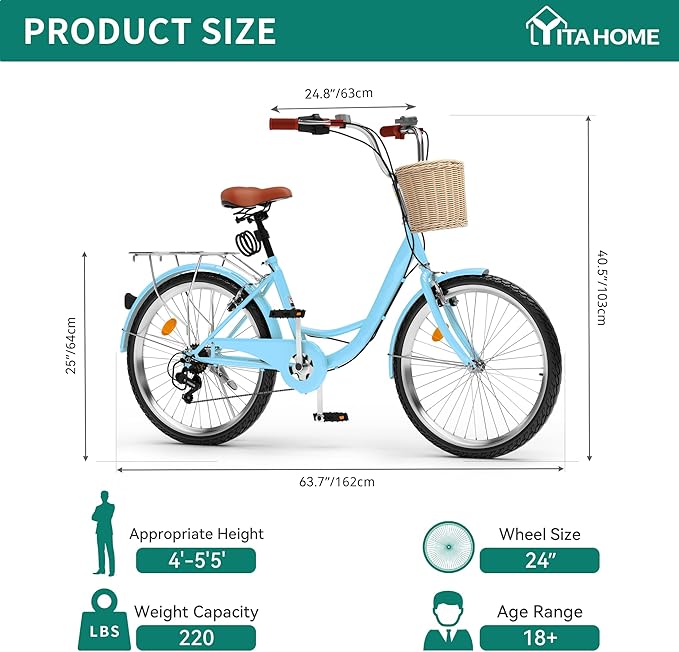 YITAHOME Beach Cruiser Bike for Women, 24 & 26 inch Commute Bike for Adults, 1 & 7 Speed Womens Bicycle with Basket Adjustable Seat, Multiple Color