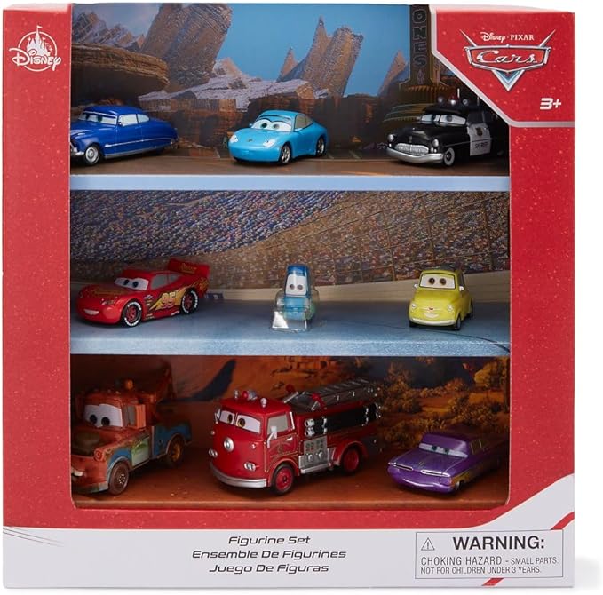 Disney Store Official Cars Figure Set – 9 Fully Sculpted Disney Figures Including Lightning McQueen, Tow Mater & More in Double-Tiered Box with Scenic Backgrounds