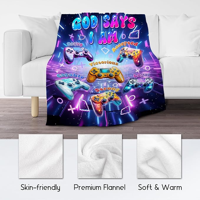 Gaming Blanket for Boys, Soft Plush Throw for Teenage Boys Men, God Says I Am Kids Blanket for Couch Office, Gamer Supplies Room Decor Gifts, 30"x40"