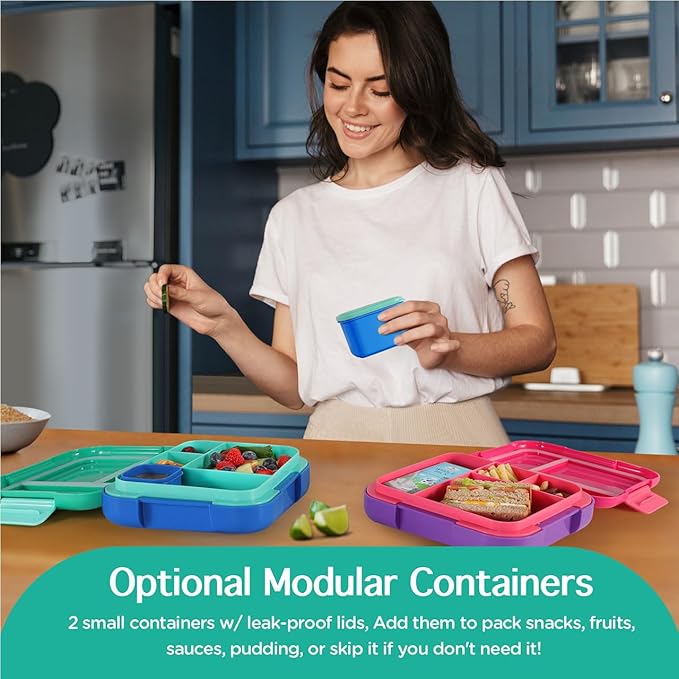 Caperci Bento Box for Kids - Large 4.8 Cups Lunch Box with Two Modular Containers - 4 Compartments, Leak-Proof, Portable Handle, Microwave/Dishwasher Safe, BPA-Free (Jungle Green/Blue)