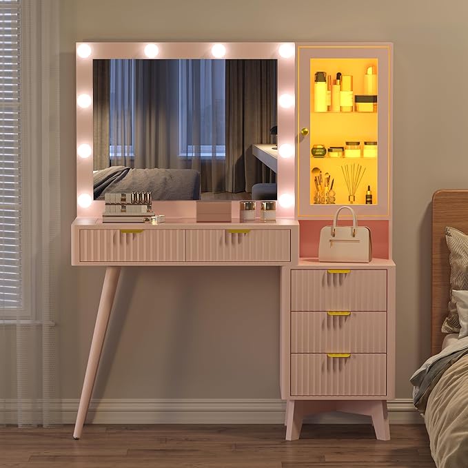 45” Fluted Makeup Vanity Desk with Mirror and Lights, Glass Top Dressing Table with 5 Drawers, LED Lighted Adjustable Cabinet, Trays & Charging Station for Bedroom Dressing Room