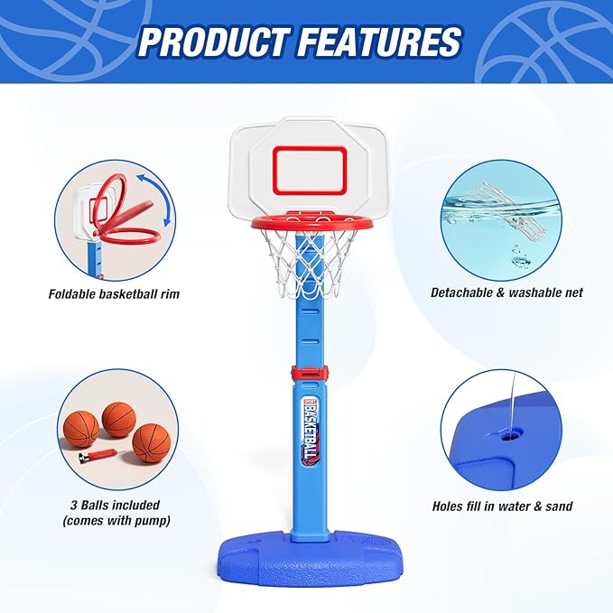 Toddler Basketball Hoop, Adjustable Height Indoor Basketball Hoop for Kids 1-3, Foldable Mini Basketball Goal with 3 Balls, Outdoor Poolside Sport Toy, Birthday for Baby Boys Girls