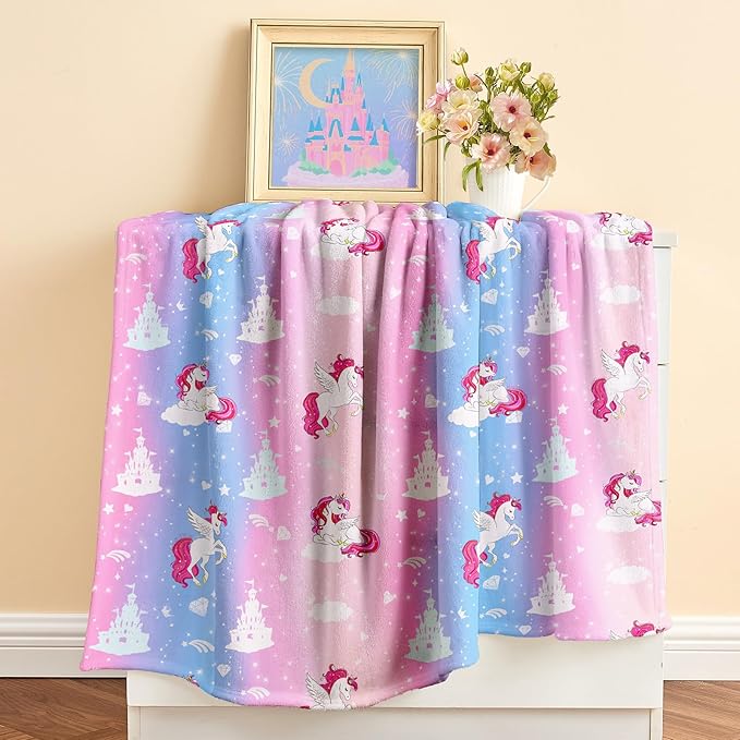 Wajade Kids Pink Unicorn Blanket for Girls,Soft Fleece Kids Blanket for Couch Sofa Bedroom, Unicorn Castle Clouds Throw Blanket for Kids,60"x80"