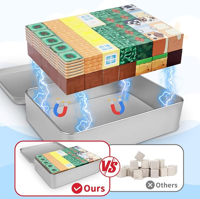 70PCS Magnetic Blocks Travel Toys for Kids with Iron Box, Mini Building Blocks for Boys Girls Ages 3 4 5 6 7 8, Portable Magnet Cubes STEM Travel Essential Toys for Toddlers Christmas Birthday Gifts