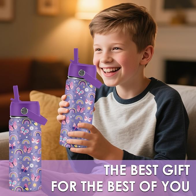 Butterfly Gifts - 16oz Purple Kids Water Bottle with Straw Lid, Stainless Steel Insulated Tumbler, Leakproof, BPA-Free, for Girls, School, Travel - Butterfly Rainbow Themed Birthday Gift Cup (1pc)