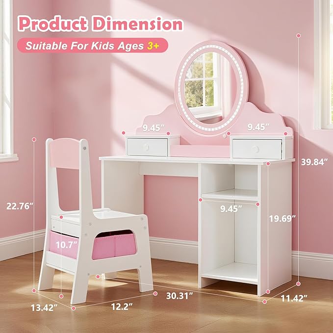 JOYLDIAS Kids Vanity with Lights, Pink Girls Makeup Vanity with 2 Drawer, Storage Cabinet & Shelves, 2 in 1 Toddler Vanity Table and Chair Set, Dressing Table for Kids 3+