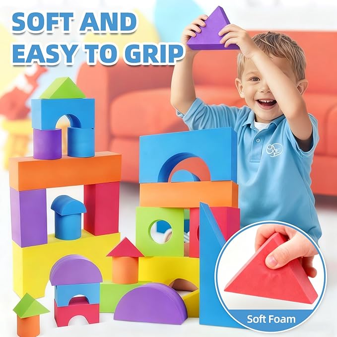 Large Building Foam Blocks for Toddlers, EVA Stacking Foam Building Blocks Toy Set, Non-Toxic, Washable, Early Learning Construction Toys & Gifts for Kids Boys & Girls (Blue, Pieces, 30)