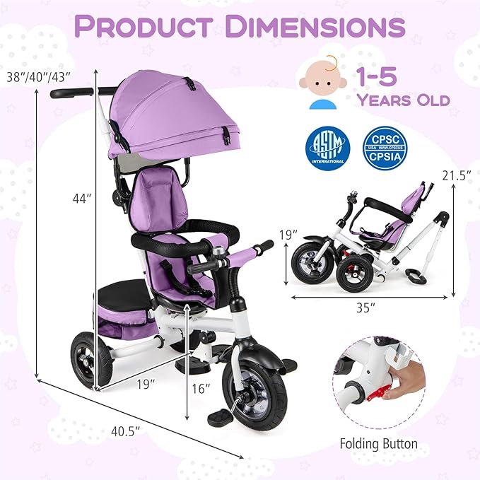 Costzon 5-in-1 Folding Kids Tricycle with Adjustable Push Handle & Canopy, Reversible Seat and Safety Harness, Push Trike with Storage for Toddler Aged 1-5 Years Old, Blue/Gray/Pink