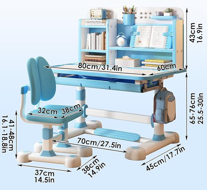 2025 Upgraded Kids Desk and Chair Set, 50 Degree Tiltable&Height Adjustable Kids Desk with Storage Drawers and Bookshelf, Ergonomic Study Table for Kid (Blue-New Type)