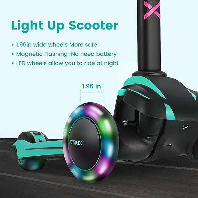 TONBUX Kids Scooter for Age 3-12, Toddler Scooter with 4 Adjustable Heights, Light Up 3-Wheels Scooter, Shock Absorption Design, Lean to Steer, Balance Training Scooter for Kids