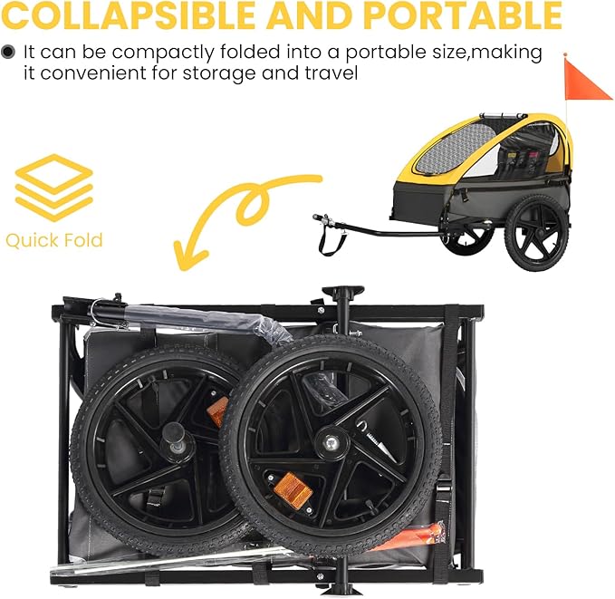 Sepnine Kids Bike Trailer, Suitable for 1 to 2 Kids, 12+ Months, Quick Attach to Bike, Foldable, with 5-Point Harness and Storage Bags