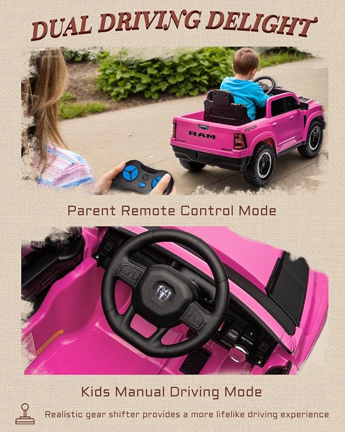 First Ride On Licensed Ram 1500 12V Ride on Toys, Kids Ride on Car with Remote Control, Electric Vehicle for Toddler with Smooth Start, Pickup Truck Bed Storage, Spring Suspension, Aux Port (Pink)