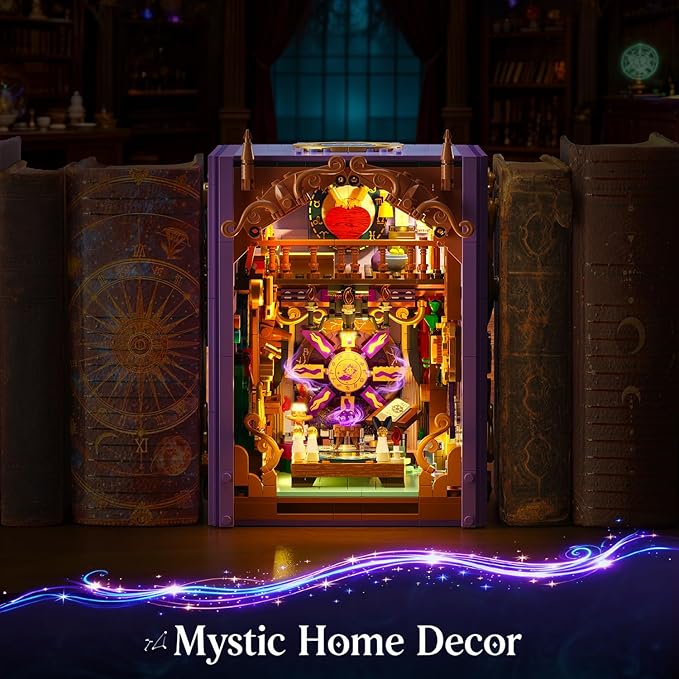 Upgraded Mystic Divination Book Nook Building Set with Rechargeable Lights, 1447 PCS DIY Magic Booknook Building Block Kit Home Decor, Miniature Book House Model Gift for Adults Boys Girls 12+