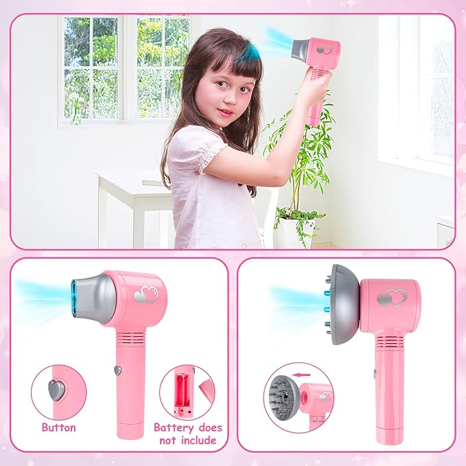 deAO Hair Salon Toys for Girls Pretend Paly Hair Styling Kit Kids Makeup Set, Beauty Salon Set with Blow Dryer Apron Accessories, Birthday Gifts for Toddler Girls Boys 3 4 5 6+