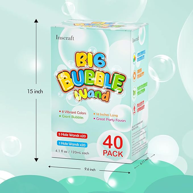 Inscraft 40 Pack 14’’ Big Bubble Wands, 8 Colors Mix Bulk for Summer Toy, Outdoor/Indoor Activity Use, Easter, Birthday, Graduation, Shower, Bubbles Party Favors Supplies for Kids