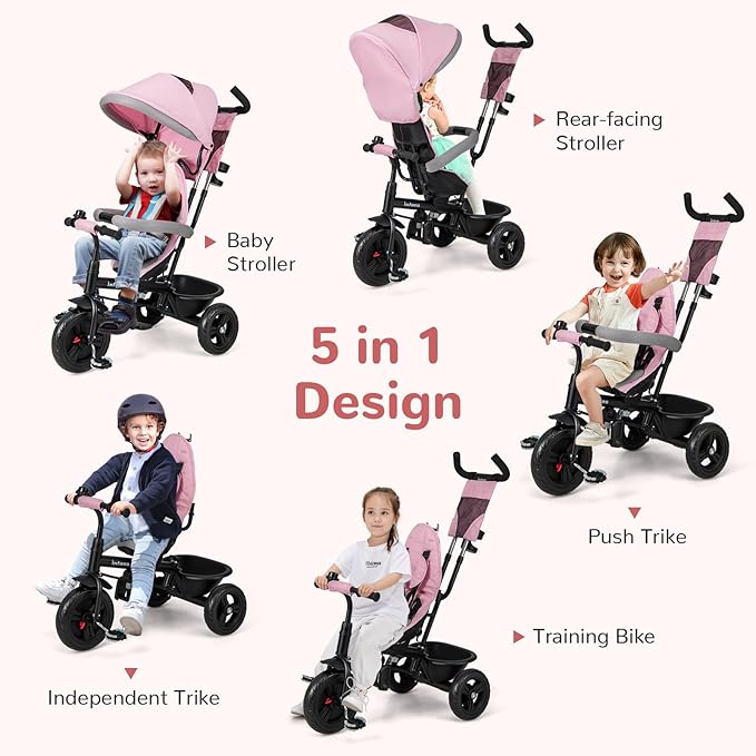 INFANS Kids Tricycle, 6 in 1 Baby Trike Toddler Bike with Reversible Seat, Adjustable Push Handle, Control Direction, Removable Canopy, Safety Harness, Belt, Storage, 9-60 Months (Pink)