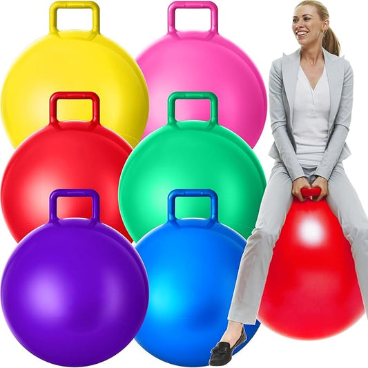 Lewtemi 6 Pcs Hopper Ball Carnival Outdoor Games 29 Inch Jumping Hopping Inflatable Bouncing Ball with Handle and Air Pump for Adults Sport Exercise (Red, Blue, Green, Pink, Yellow, Purple)