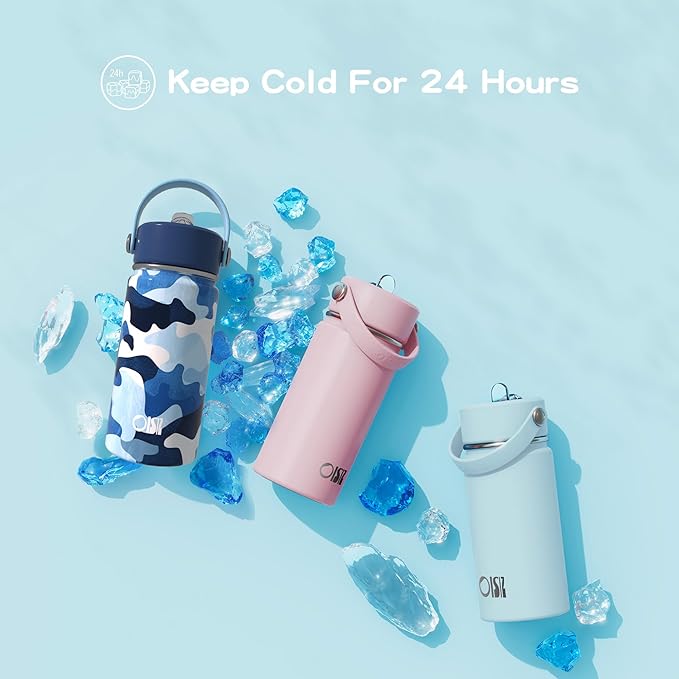 OISIZ Kids Water Bottle with Straw Lid 14oz, Vacuum Insulated 316 Stainless Steel Water Bottles for Kids for School, Leakproof Water Bottle, BPA Free and Keep Cold for 24 Hours