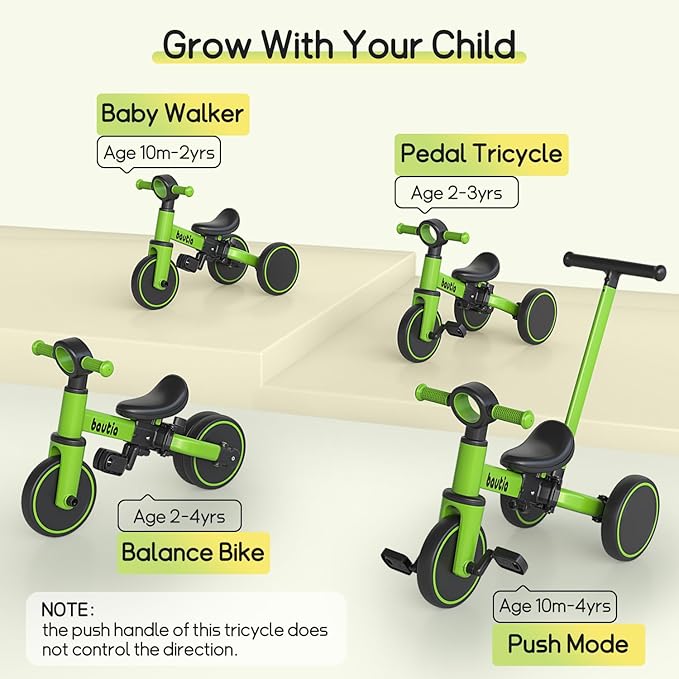 Kids Tricycle for Toddlers 1-3 with Push Handle, 5 in 1 Baby Balance Bike for 1-4 Years Old Boys Girls Gift with Removable Pedals (No Parent Steering Version)