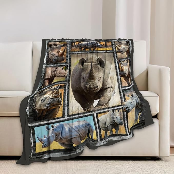 White Rhino Blanket Rhinos Animal Throw Blankets Gifts for Girls Boys Kids Rhino Lover Soft Cozy Fleece Plush for Couch Sofa Bed 50"x40"
