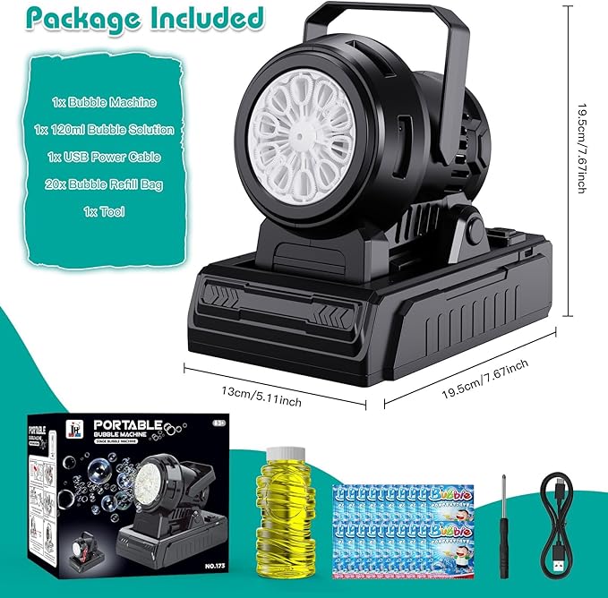 Panamalar Bubble Machine Adjustable Angle, 10 Big Holes Automatic Bubble Blower Machine for Kids 20000+ Big Bubbles with Solution, Portable Bubble Maker Outdoor Toys for Garden Party Wedding-Black