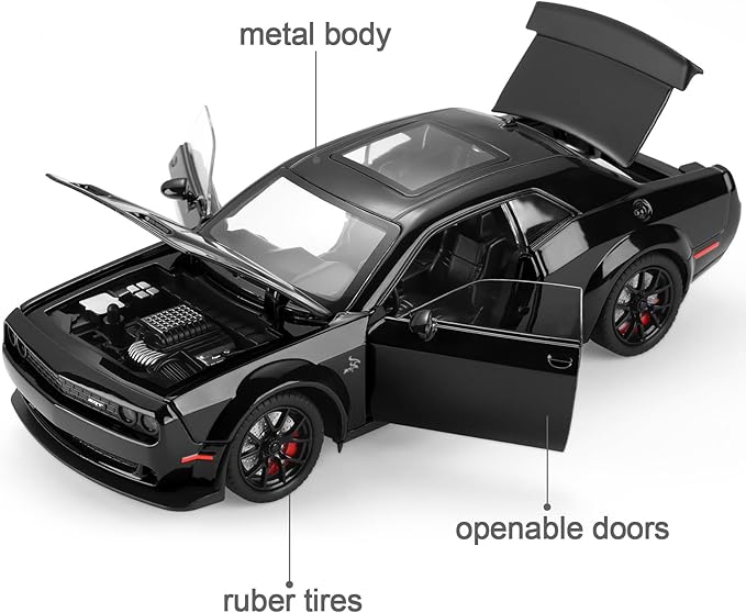 SASBSC Toy Cars for Boys Age 3-12 1:24 Car Toys Diecast Metal Car Model with Light & Sound Collectable Muscle Super Cars for Kids (Black)