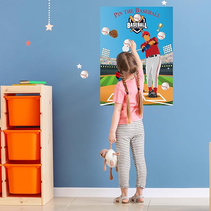 PLULON Pin The Baseball Party Game for Kids Pin the Baseball on the Glove and Bat Large Baseball Poster with Baseball Stickers for Boys Girls Birthday Party Wall Decorations Classroom Activities