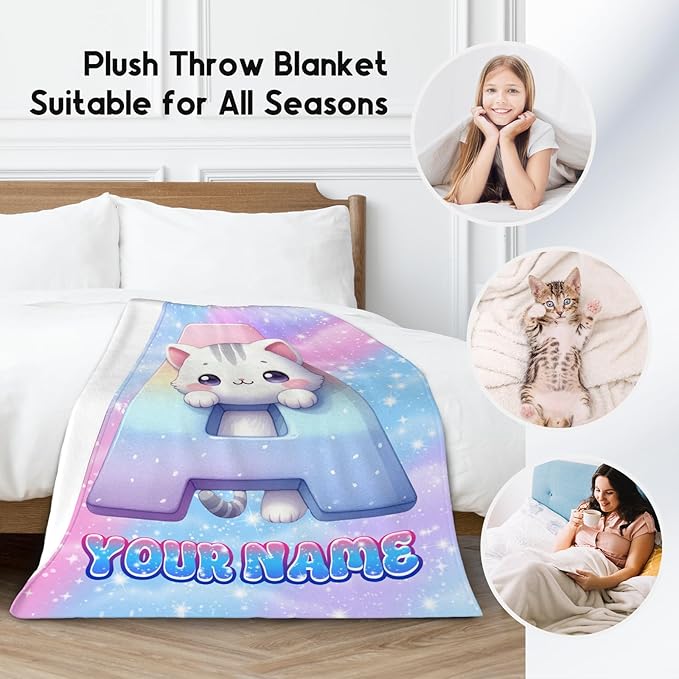 Girls Blanket - Personalized Cat Blankets with Name for Kids - Custom Monogram Gifts for Daughter - Plush Cozy Flannel Throws - 4 Sizes for Toddler/Children/Teens/Adults