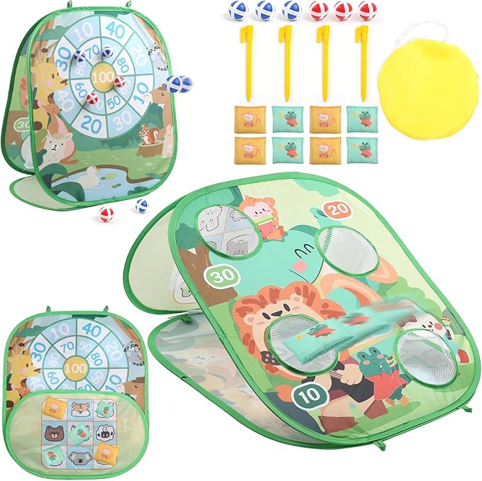 3 in 1 Bean Bag Toss Game Dartboard Set Foldable Pop Up Cornhole Board Balls, Bean Bags, Ball Tart Indoor Outdoor Toys for Kids Ages 3+, Birthday/Xmas Party Games