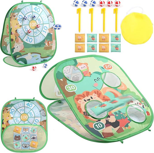 3 in 1 Bean Bag Toss Game Dartboard Set Foldable Pop Up Cornhole Board Balls, Bean Bags, Ball Tart Indoor Outdoor Toys for Kids Ages 3+, Birthday/Xmas Party Games