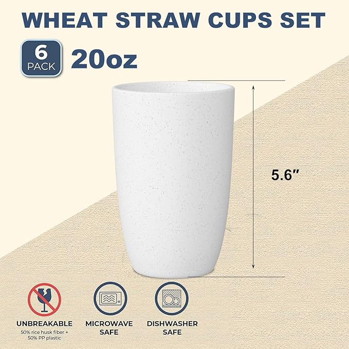 Wheat Straw Cups 6 Set of 6 Good Alternative to Plastic Reusable Cups 20 oz Unbreakable Drinking Cup Reusable Dishwasher Safe Water Plastic Glasses - White