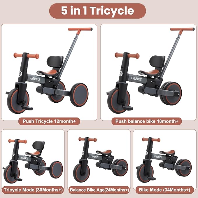 5-in-1 Tricycle for Toddlers 18 Months to 5 Years Old, Toddler Bike, Kids Tricycle with Push Handle and Backrest, Toddler Balance Bike with Easy Assembly for Boys and Girls. (Grey)