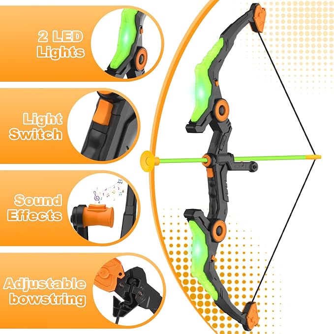 Kids Bow and Arrow Set with LED Flash Lights, 10 Suction Cup Arrows, Quiver and Fluorescence Standing Target-Perfect Indoor and Outdoor Archery Set Toy Gift for Boys and Girls Ages 4-12