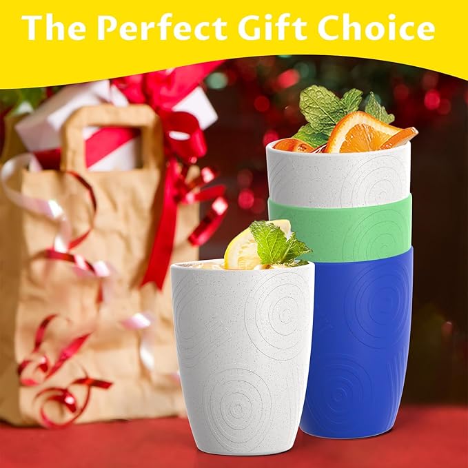 Homienly Wheat Straw Drinking Glasses Set of 4, Unique Texture Reusable Kids Cups, Stackable for Kitchen, Home, Party, Camping, Dishwasher Safe Tumbler 12 OZ - Island Color