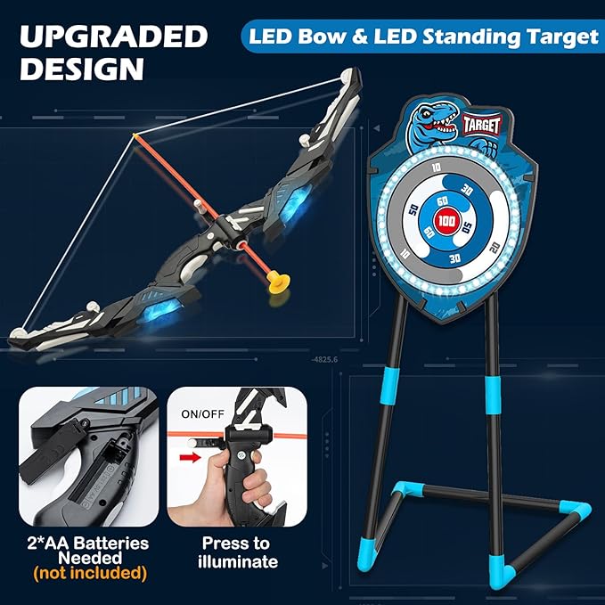 Kids LED Standing Archery Set with Bow & Arrows – Outdoor Sports Toy Gift for Boys & Girls Ages 4-12, Safe & Fun Target Practice Game, Blue