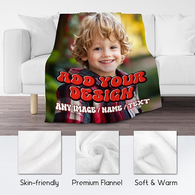 Personalized Blanket with Photo Picture - Custom Gift for Kid Teens Adults - Blankets with Name, Soft Fleece Throw for Couch, Bed