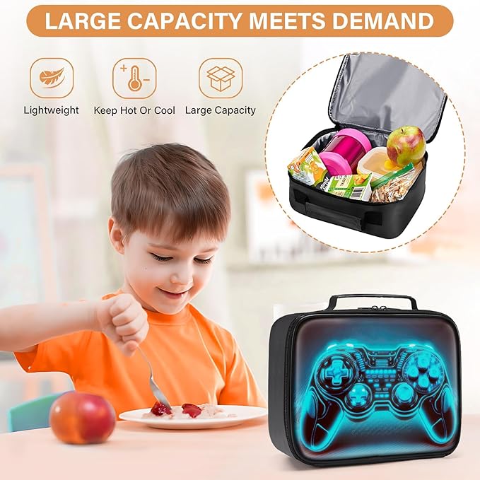 Gamer Lunch Box for Boys,Leather Boys Lunch Bag for Kids,Gamer Gifts for Kids,Insulated Video Game Lunchbox,Reusable Portable Lunchbox for School Travel Picnic Hiking Beach