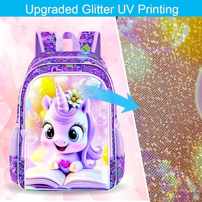 CCJPX 3Pcs Unicorn Backpack, 16” Kids Girls Bookbag with Lunch Box, Water Resistant Elementary School Bag for Kindergarten Preschool Toddler (Purple)