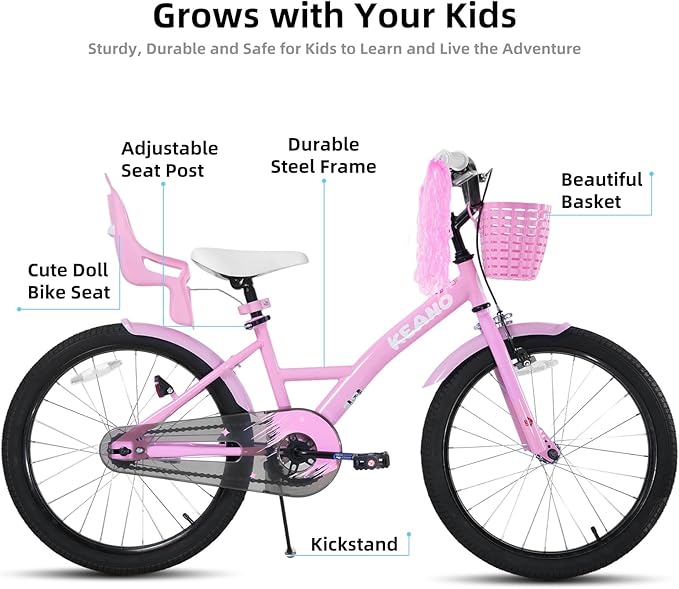 KEANO Zinnia 14 16 20 Inch Kids Bike for Girls Ages 3-10 Years, Girls' Bikes with Training Wheels, Streamers, Basket and Doll Seat, Children Bicycles