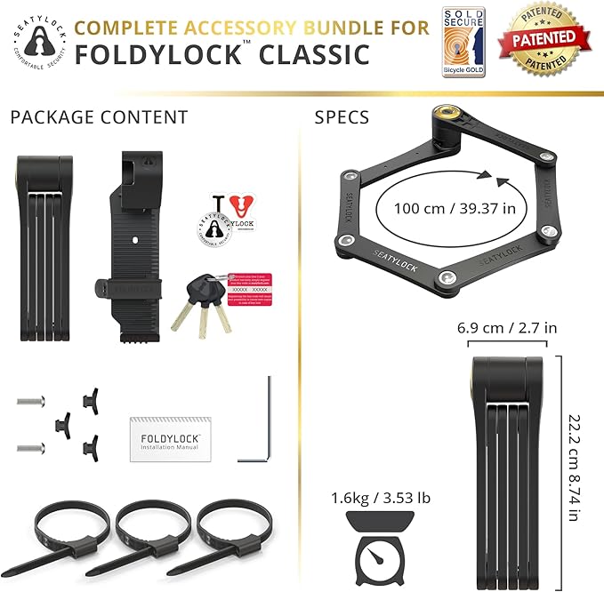 Seatylock FoldyLock Classic 100 Folding Bike Lock - Patented 16/18 High Security Sold Secure Gold Bicycle Lock - Heavy Duty Anti Theft Secure Guard with Keys & Case Mount - 39.4"
